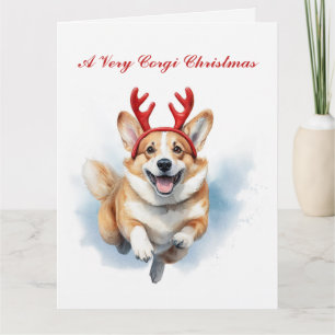 Personalize Christmas Corgi with Reindeer antlers Card