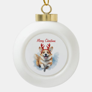 Personalize Christmas Corgi with Reindeer antlers  Ceramic Ball Christmas Ornament