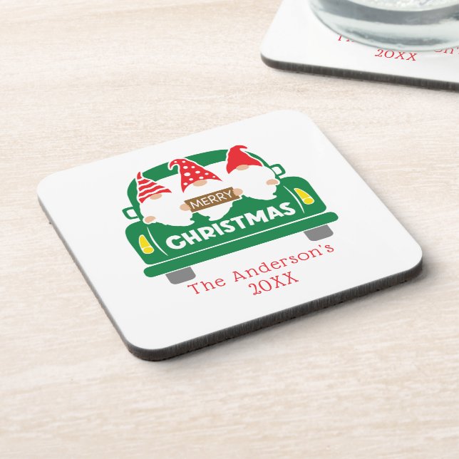 Personalize Christmas Gnomes Truck Christmas Beverage Coaster (Left Side)