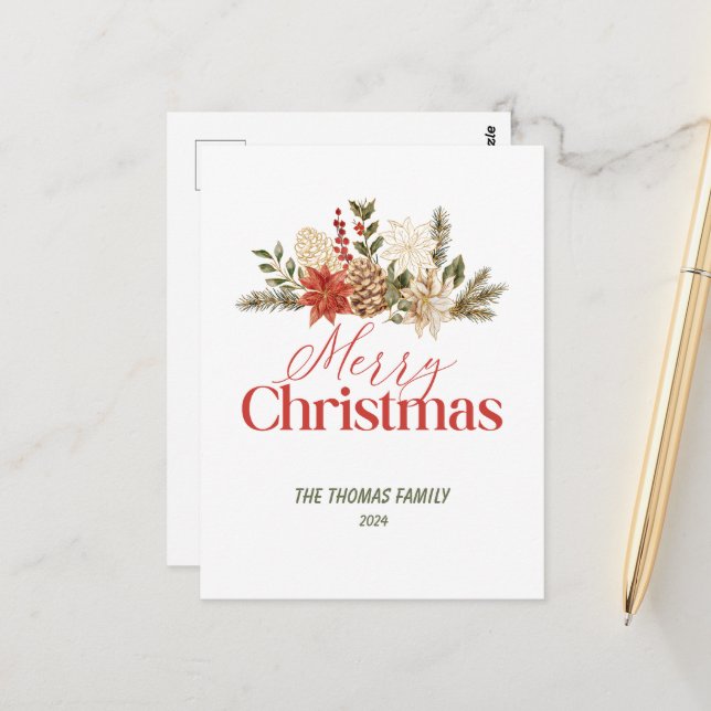 Personalize Christmas Gold Floral Merry Christmas Postcard (Front/Back In Situ)