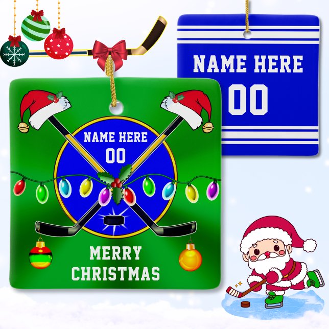 Personalize, Christmas Presents for Hockey Players Ceramic Ornament (Hockey Ornaments. Christmas gifts for hockey players. Personalized hockey christmas ornaments. Cheap)