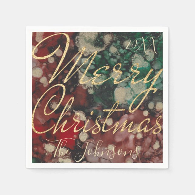 Personalize Christmas Red Green Gold Design Napkins (Front)