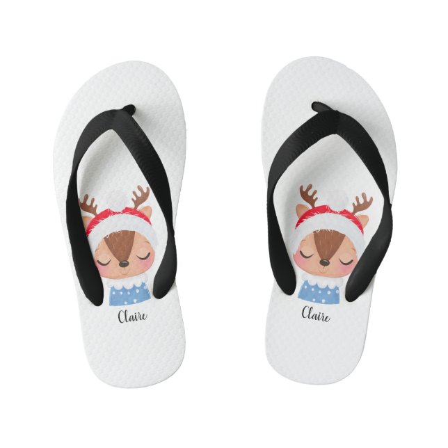 Personalize Christmas Sleeping Reindeer Face Kid's Flip Flops (Footbed)