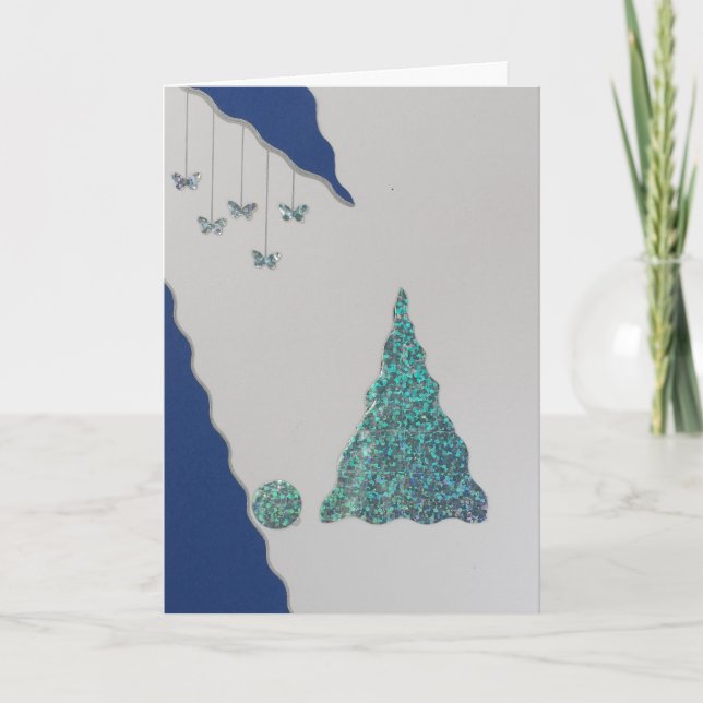 Personalize Christmas tree and shiny butterflys Holiday Card (Front)