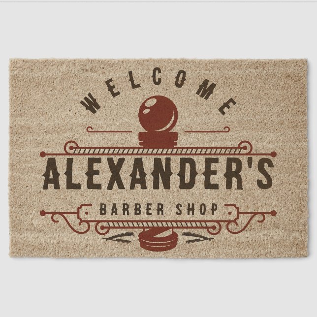 Personalize Classic Barber Shop Fiber Doormat (Front)