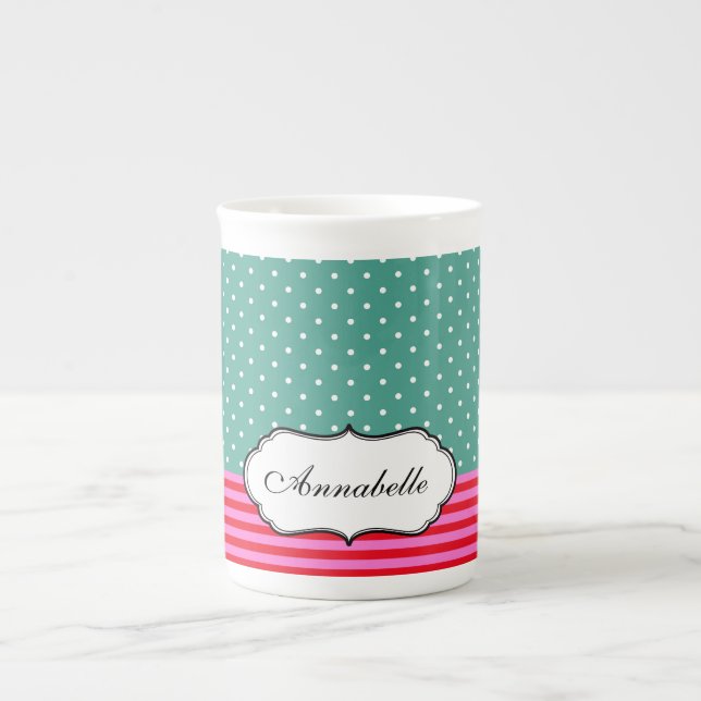 Personalize Classic Polkadots Stripes Teal Pattern Bone China Mug (Front)