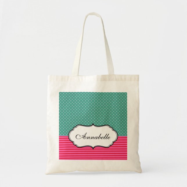 Personalize Classic Polkadots Stripes Teal Pattern Tote Bag (Front)