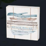 Personalize Coastal Driftwood Welcome Beach House Wooden Box Sign<br><div class="desc">Add your own custom text to this beautiful watercolor driftwood sign, use it as a welcome sign or anything else you like as you have the ability to change all five text areas to suit your needs. Exquisite watercolor design with driftwood connected by rope in turquoise, blue, white and brown...</div>