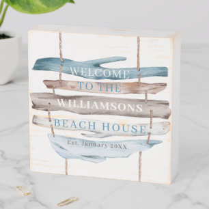 Personalize Coastal Driftwood Welcome Beach House Wooden Box Sign