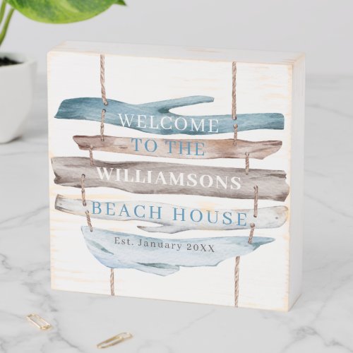 Personalize Coastal Driftwood Welcome Beach House Wooden Box Sign