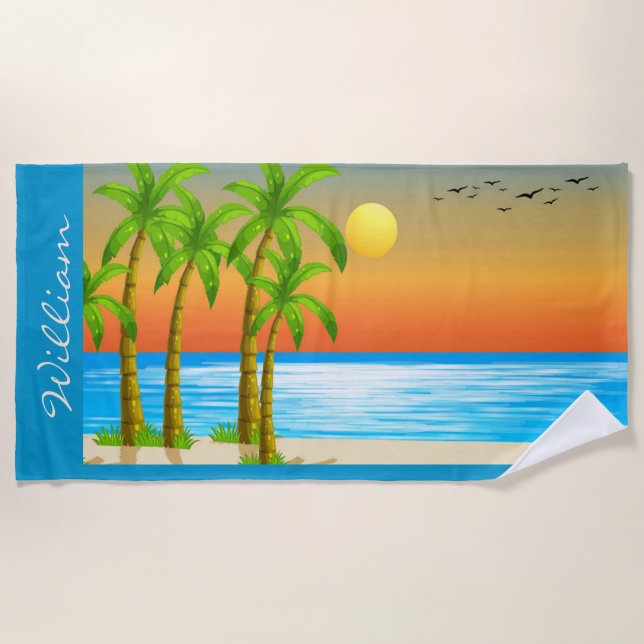 Personalize Coastal Landscape Birds Palm Trees Sun Beach Towel (Front)