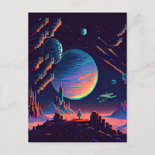 Personalize - Colorful Retro 8Bit Pixel Space Ship Postcard