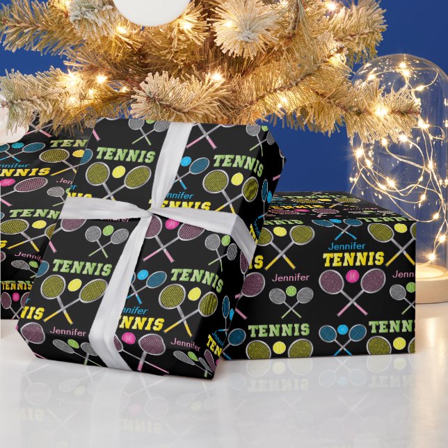 Personalize - Colorful Tennis Rackets and Balls Wrapping Paper (Holidays)
