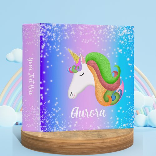 Personalize Colorful Unicorn Glitter  3 Ring Binder