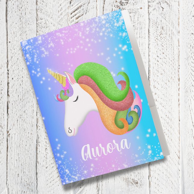 Personalize Colorful Unicorn Glitter  Pocket Folder (Great to carrying homework or art work!)