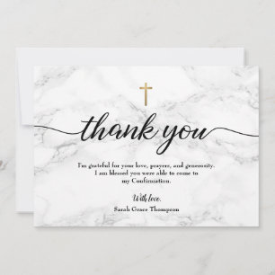 Personalize Confirmation Grey Marble Gold cross Thank You Card