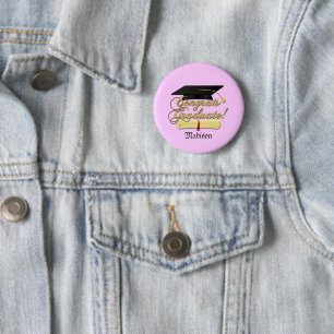 Personalize Congrats Graduate Diploma and hat Pink Button