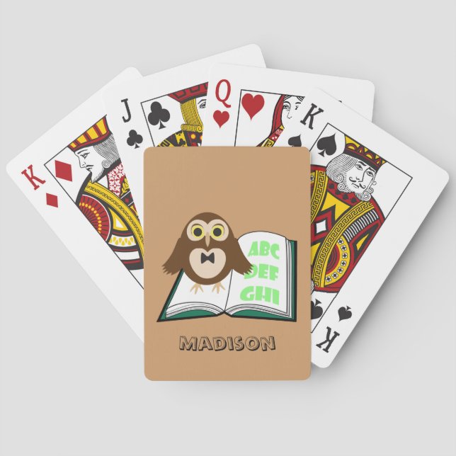 Personalize Cool Cute owl with Alphabet book Poker Cards (Back)