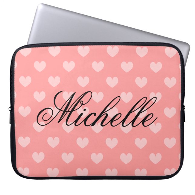 Personalize coral pink heart pattern laptop sleeve (Front)