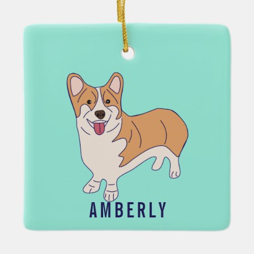 Personalize Corgi Dog Mint Green Photo Ceramic Ornament