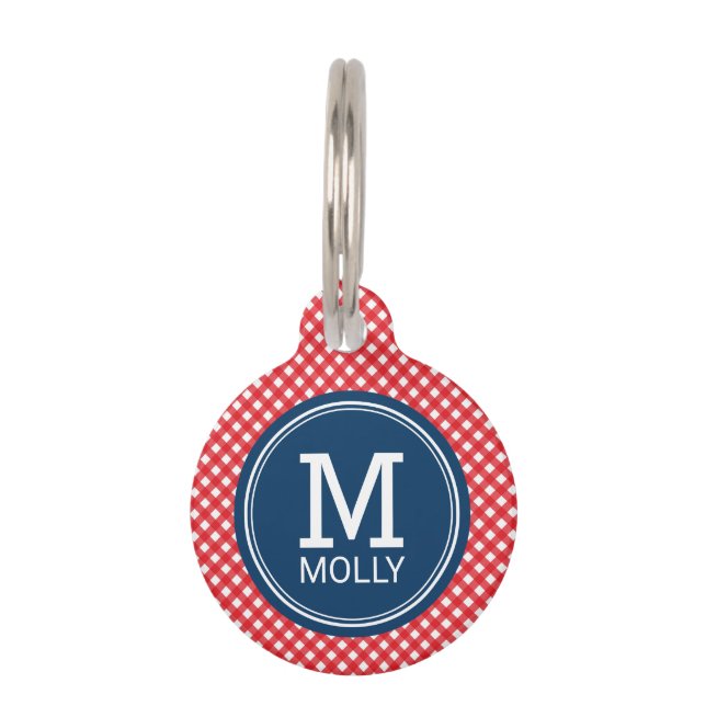 Personalize Country Picnic Red Gingham Monogram Pet Tag (Front)