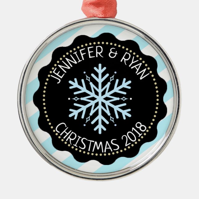 Personalize Couple's Blue Black White Snowflake Metal Ornament (Front)