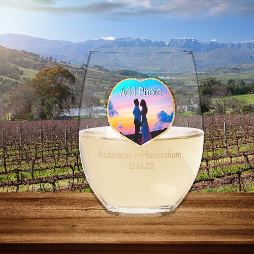 Personalize Couples Heart Photo Template Name date Stemless Wine Glass