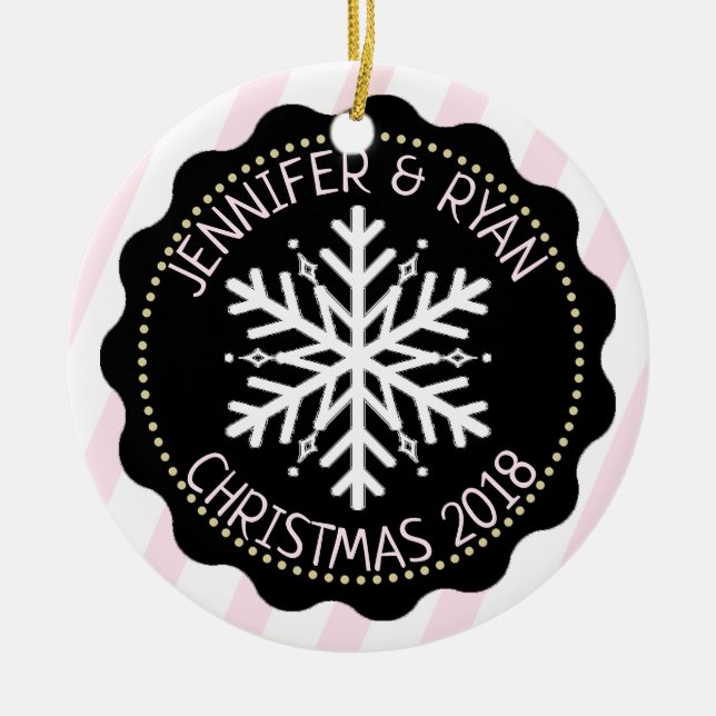 Personalize Couple's Photo Black White Snowflake Ceramic Ornament (Front)