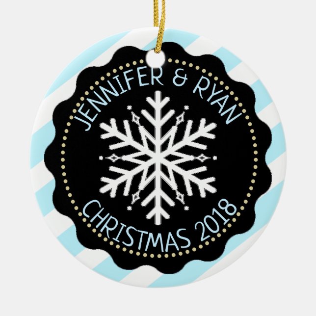 Personalize Couple's Photo Black White Snowflake Ceramic Ornament (Front)