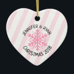Personalize Couple's Photo Pink White Snowflake Ceramic Ornament<br><div class="desc">This would be a really romantic gift for a boyfriend or girlfriend,  husband or wife to show how much you love them. A very personal keepsake. Just add your photo,  names and date to this Christmas Ornament in the personalize area. Pink and white striped snowflake ornament.</div>