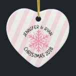 Personalize Couple's Photo Pink White Snowflake Ceramic Ornament<br><div class="desc">This would be a really romantic gift for a boyfriend or girlfriend,  husband or wife to show how much you love them. A very personal keepsake. Just add your photo,  names and date to this Christmas Ornament in the personalize area. Pink and white striped snowflake ornament.</div>