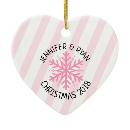 Personalize Couple's Photo Pink White Snowflake Ceramic Ornament