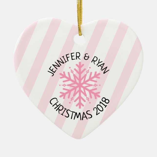Personalize Couple's Photo Pink White Snowflake Ceramic Ornament (Front)
