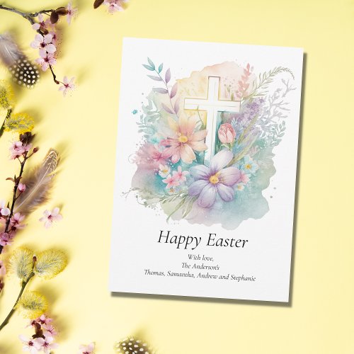 Personalize Cross Floral Pastel Religious Easter  Holiday Card