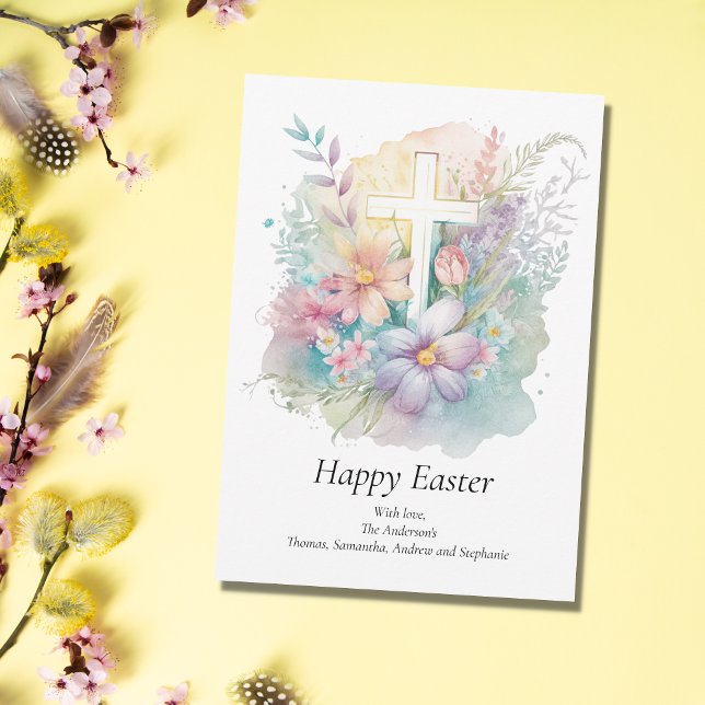 Personalize Cross Floral Pastel Religious Easter  Holiday Card (Creator Uploaded)