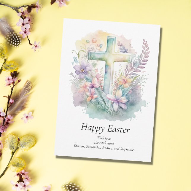 Personalize Cross Floral Pastel Religious Easter  Holiday Card (Creator Uploaded)