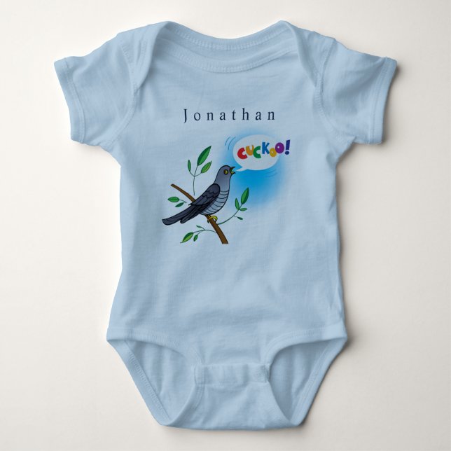 Personalize Cuckoo Bird on Branch Baby Boy  Baby Bodysuit (Front)