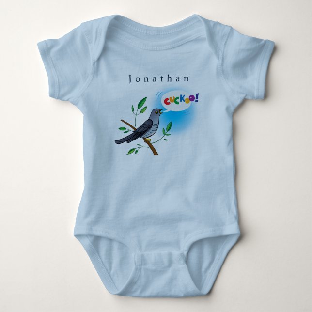 Personalize Cuckoo Bird on Branch Baby Boy  Bodysuit (Front)
