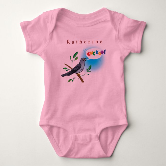 Personalize Cuckoo Bird on Branch Baby Girl Bodysuit (Front)