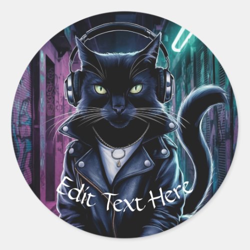 Personalize Custom Black Cool Cat Headphones DJ Classic Round Sticker