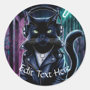 Personalize Custom Black Cool Cat Headphones DJ Classic Round Sticker