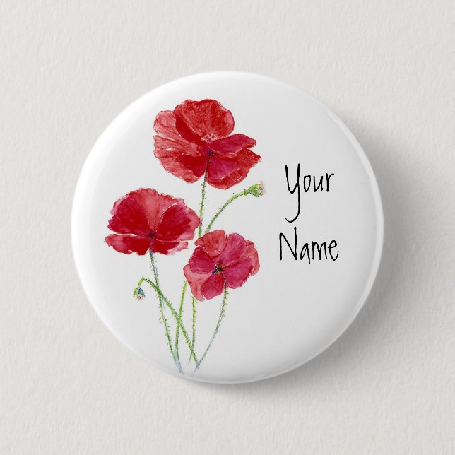 Personalize - Custom -Red Poppies - Watercolor Button (Front)