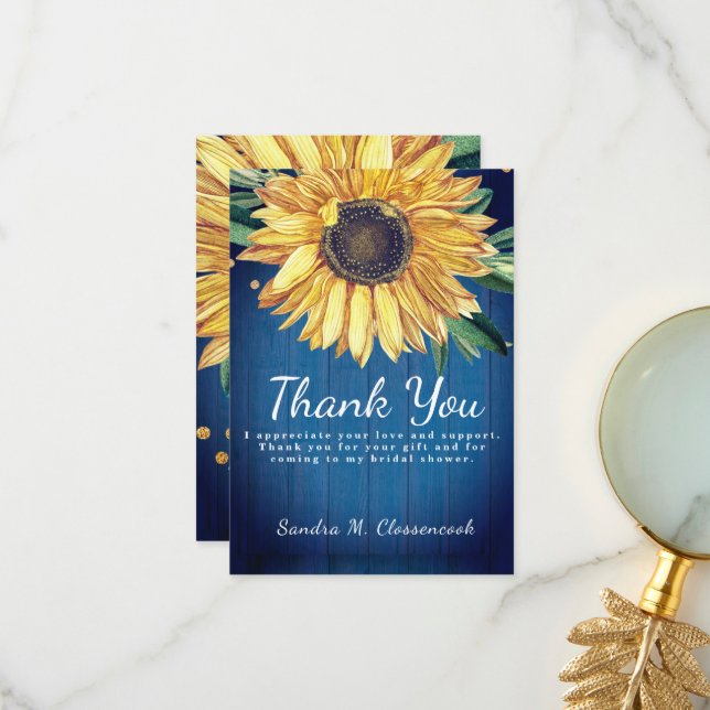 Personalize Custom Rustic Blue Sunflower Barn Wood Thank You Card (Front/Back In Situ)