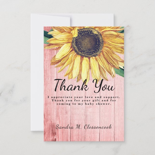 Personalize Custom Rustic Chic Sunflower Barn Wood Thank You Card (Front)