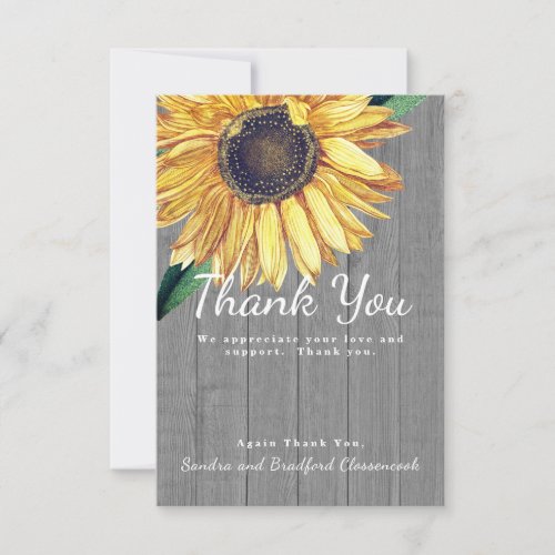 Personalize Custom Rustic Chic Sunflower Barn Wood Thank You Card