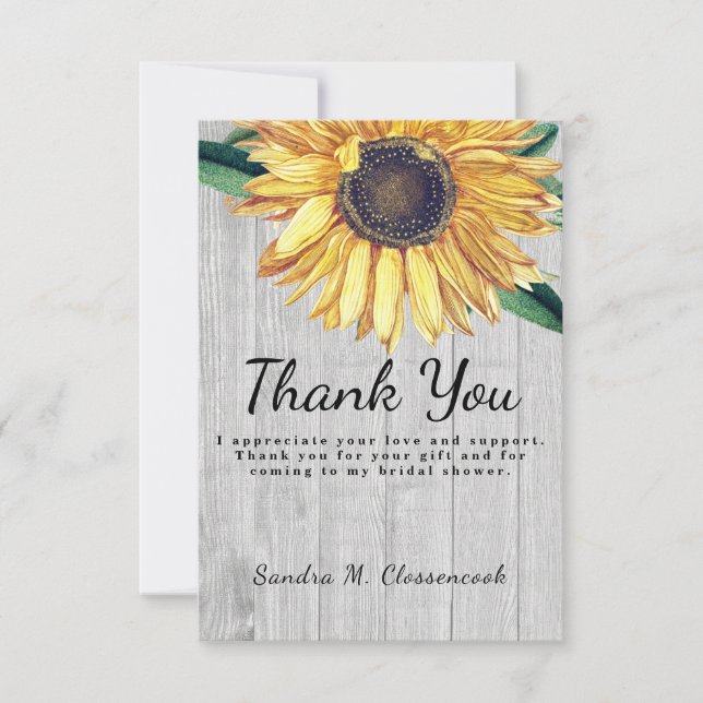 Personalize Custom Rustic Chic Sunflower Barn Wood Thank You Card (Front)