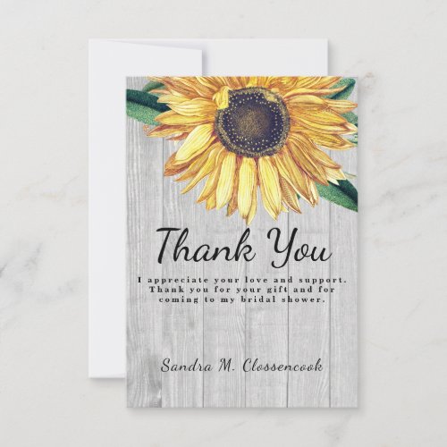 Personalize Custom Rustic Chic Sunflower Barn Wood Thank You Card