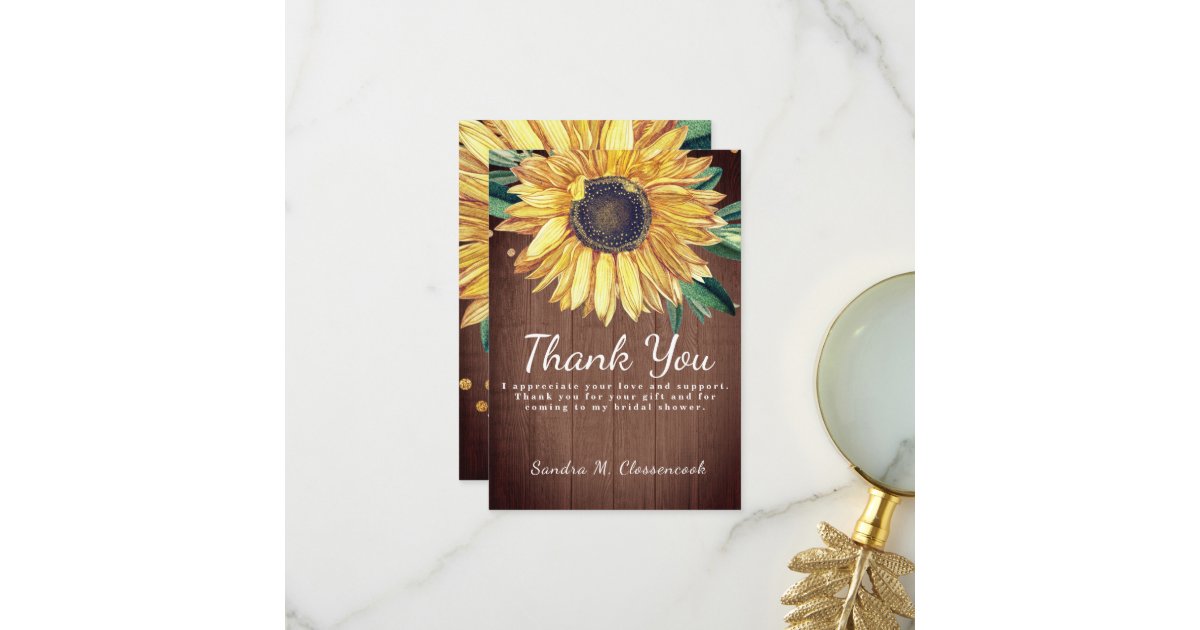 Personalize Custom Rustic Chic Sunflower Barn Wood Thank You Card | Zazzle