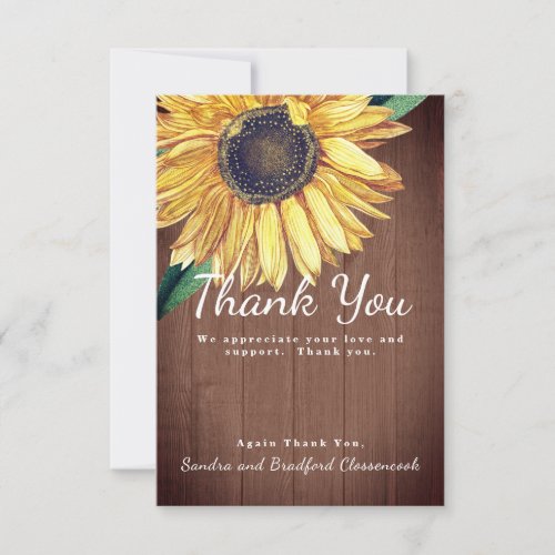 Personalize Custom Rustic Chic Sunflower Barn Wood Thank You Card