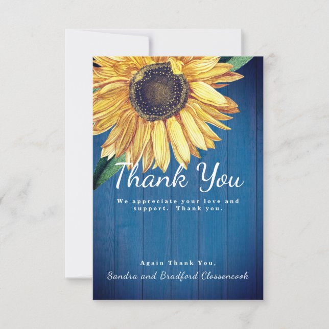 Personalize Custom Rustic Sunflower Barn Wood Navy Thank You Card (Front)